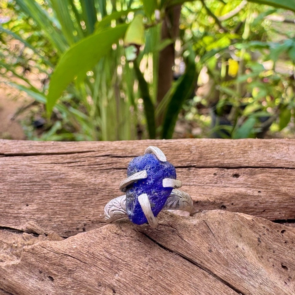Cobalt blue bonfire sea glass natural tumbled hammered sterling & fine silver